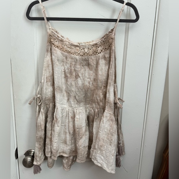 Aerie Boho Babydoll Tie Dye Tank Top Lace Crochet Side Tassel Tie Linen XL - Picture 2 of 7